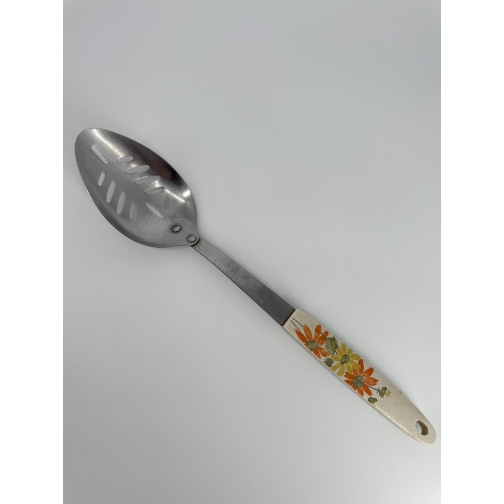 Vintage 1970s EKCO Garden Daisy Floral Stainless Slotted Serving Spoon Utensil - Picture 7 of 11